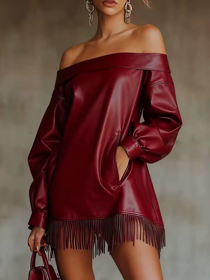 Vestido Curto em Courino com Franjas
