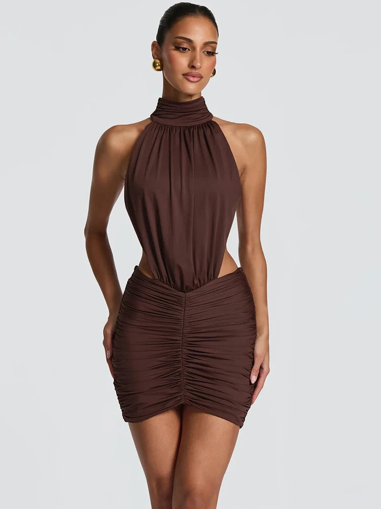 Vestido Mini Sexy Halter de Gola Alta para Mulheres, Elegante, com Cintura Drapeada e Recortes, Vestido Bodycon para Coquetel e Festa