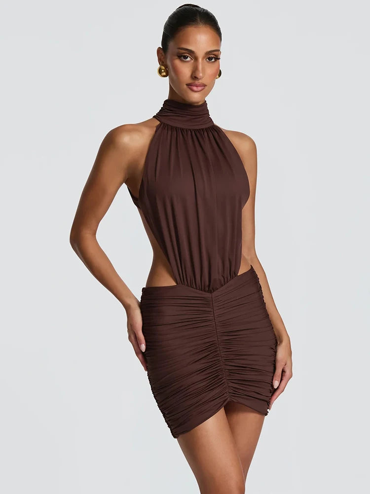 Vestido Mini Sexy Halter de Gola Alta para Mulheres, Elegante, com Cintura Drapeada e Recortes, Vestido Bodycon para Coquetel e Festa