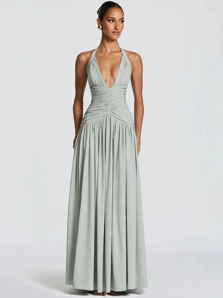 Vestido Longo Feminino Mozision Halter com Decote V Profundo, Sexy, Elegante, Ombro a Ombro, Sem Mangas, Fenda Alta, Plissado, para Festa e Balada