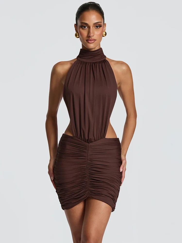 Vestido Mini Sexy Halter de Gola Alta para Mulheres, Elegante, com Cintura Drapeada e Recortes, Vestido Bodycon para Coquetel e Festa