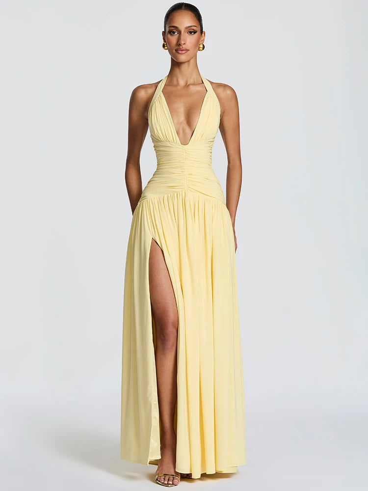 Vestido Longo Feminino Mozision Halter com Decote V Profundo, Sexy, Elegante, Ombro a Ombro, Sem Mangas, Fenda Alta, Plissado, para Festa e Balada
