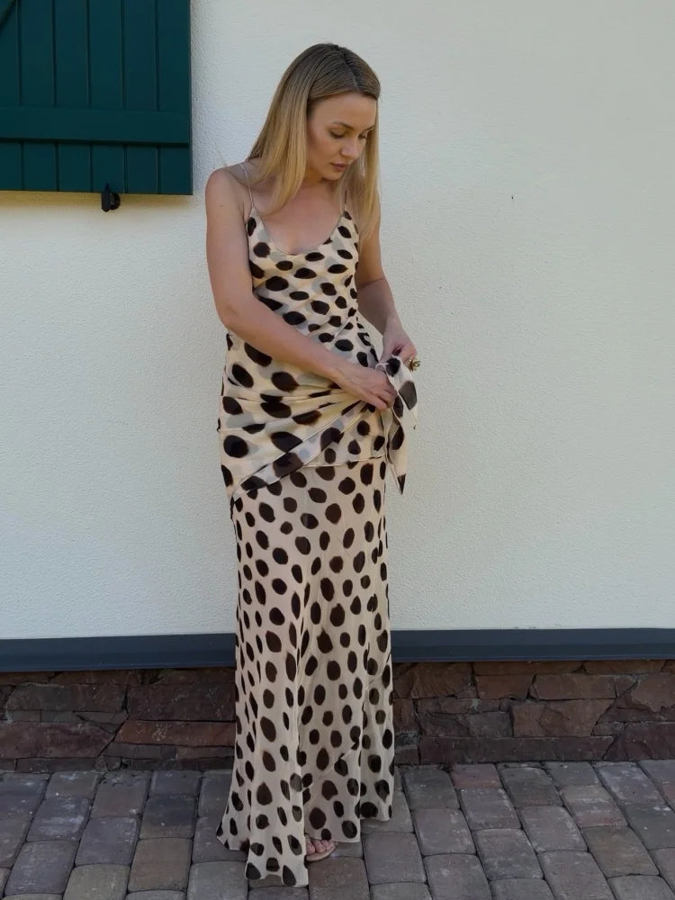 Vestido Maxi Elegante com Estampa Animal, Saia Slim Fit com Alça Fina e Cinto Ajustável, Novo para Festas de Verão e Férias