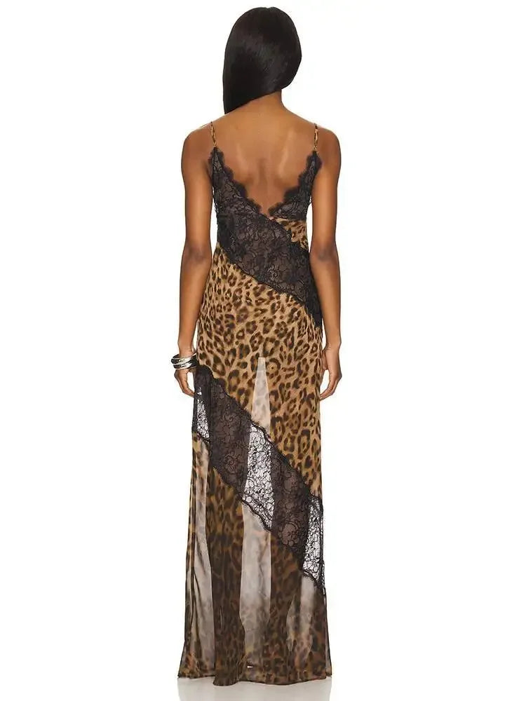 Leopardo impressão cinta de espaguete sexy maxi vestido feminino retalhos ver através sem mangas sem costas praia clube vestido de festa