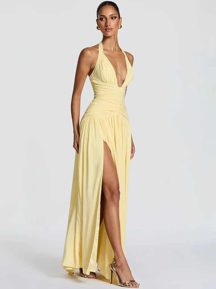 Vestido Longo Feminino Mozision Halter com Decote V Profundo, Sexy, Elegante, Ombro a Ombro, Sem Mangas, Fenda Alta, Plissado, para Festa e Balada