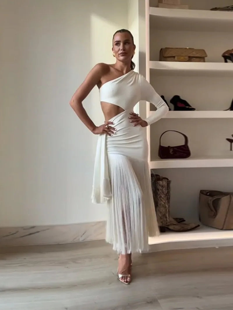 Branco de um ombro manga borla vestido longo feminino verão elegante vestidos de festa à noite feminino oco para fora roupas de moda dd36