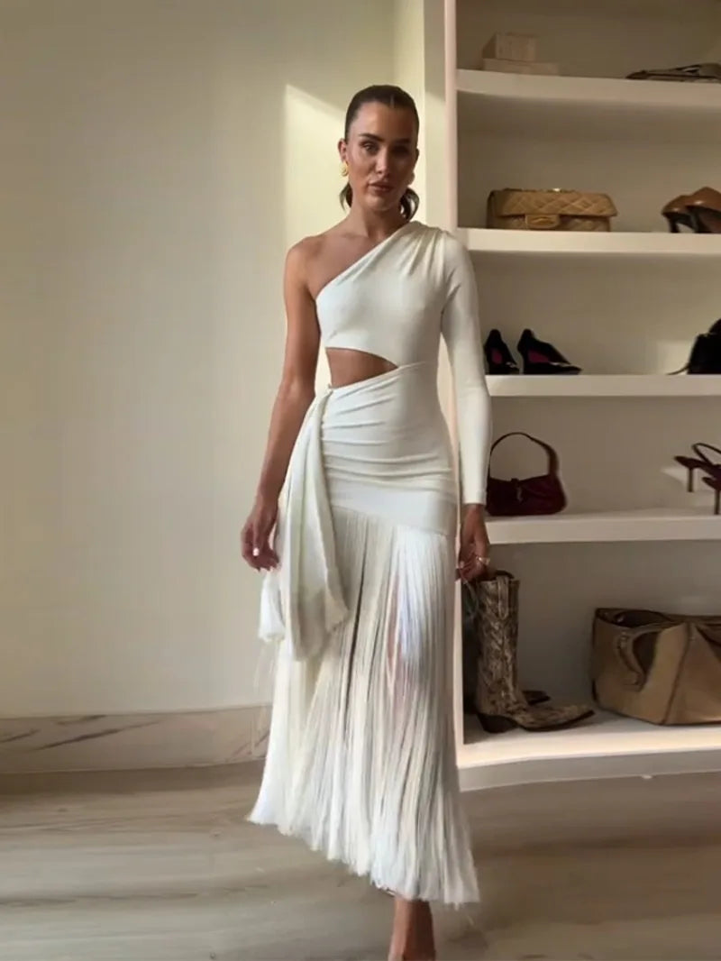 Branco de um ombro manga borla vestido longo feminino verão elegante vestidos de festa à noite feminino oco para fora roupas de moda dd36