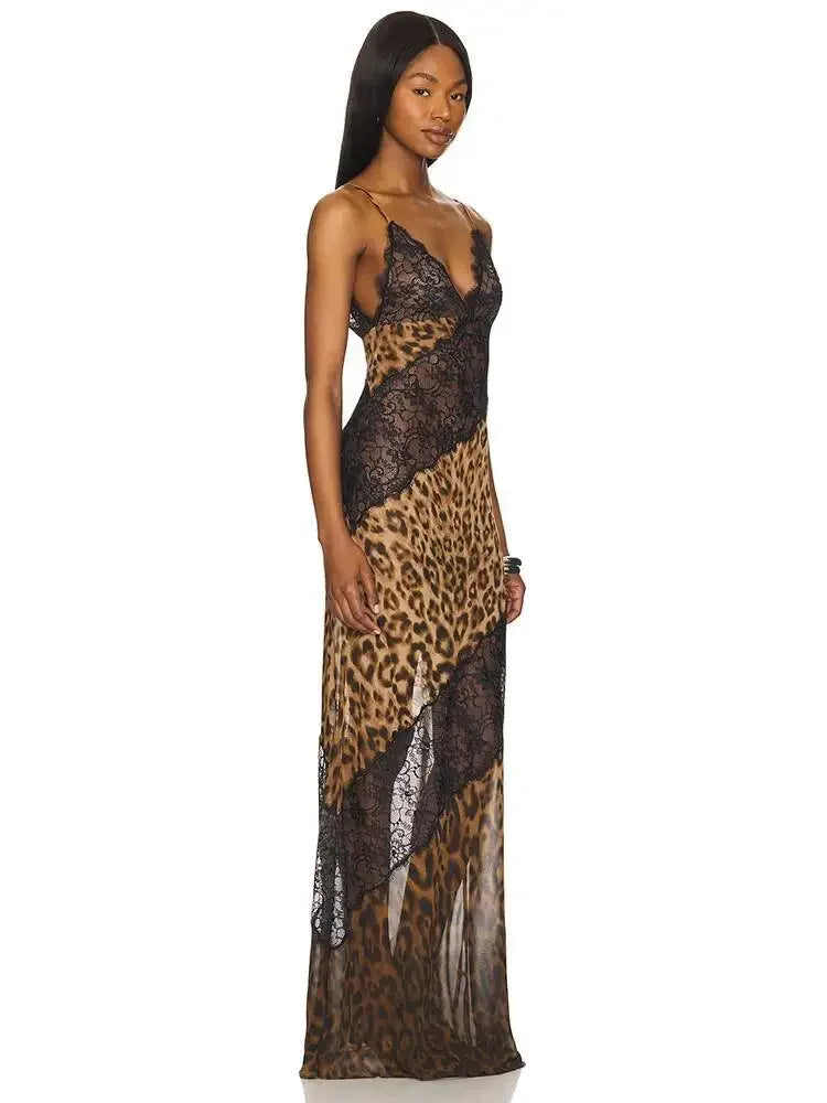 Leopardo impressão cinta de espaguete sexy maxi vestido feminino retalhos ver através sem mangas sem costas praia clube vestido de festa