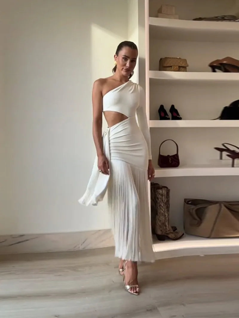 Branco de um ombro manga borla vestido longo feminino verão elegante vestidos de festa à noite feminino oco para fora roupas de moda dd36
