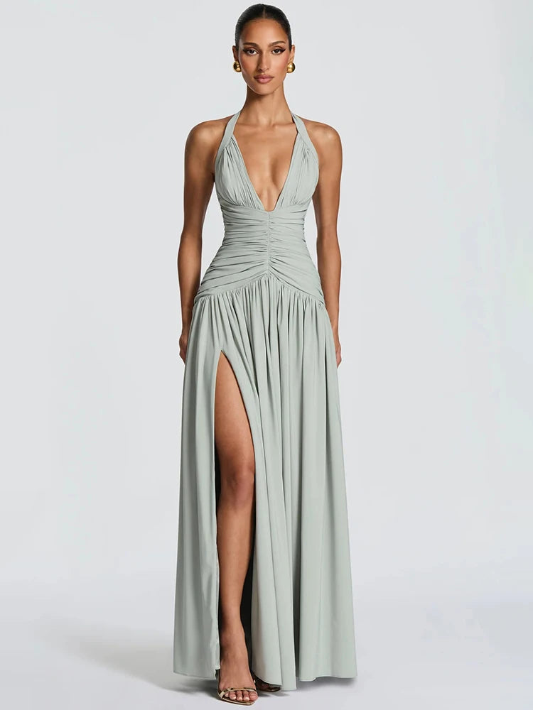 Vestido Longo Feminino Mozision Halter com Decote V Profundo, Sexy, Elegante, Ombro a Ombro, Sem Mangas, Fenda Alta, Plissado, para Festa e Balada
