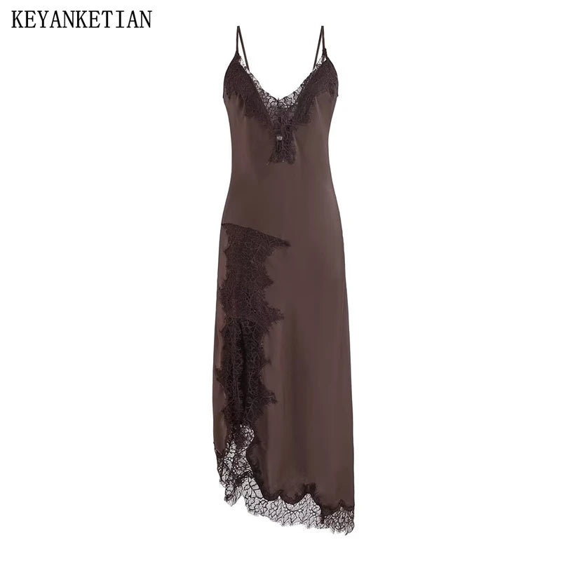 Keyanketian primavera novo estilo de férias feminino camisola renda retalhos vestido irregular fino, saia longa abraçando quadril