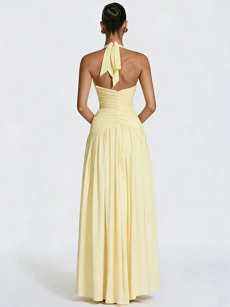 Vestido Longo Feminino Mozision Halter com Decote V Profundo, Sexy, Elegante, Ombro a Ombro, Sem Mangas, Fenda Alta, Plissado, para Festa e Balada