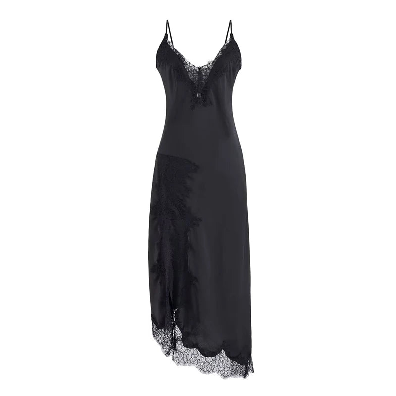 Keyanketian primavera novo estilo de férias feminino camisola renda retalhos vestido irregular fino, saia longa abraçando quadril