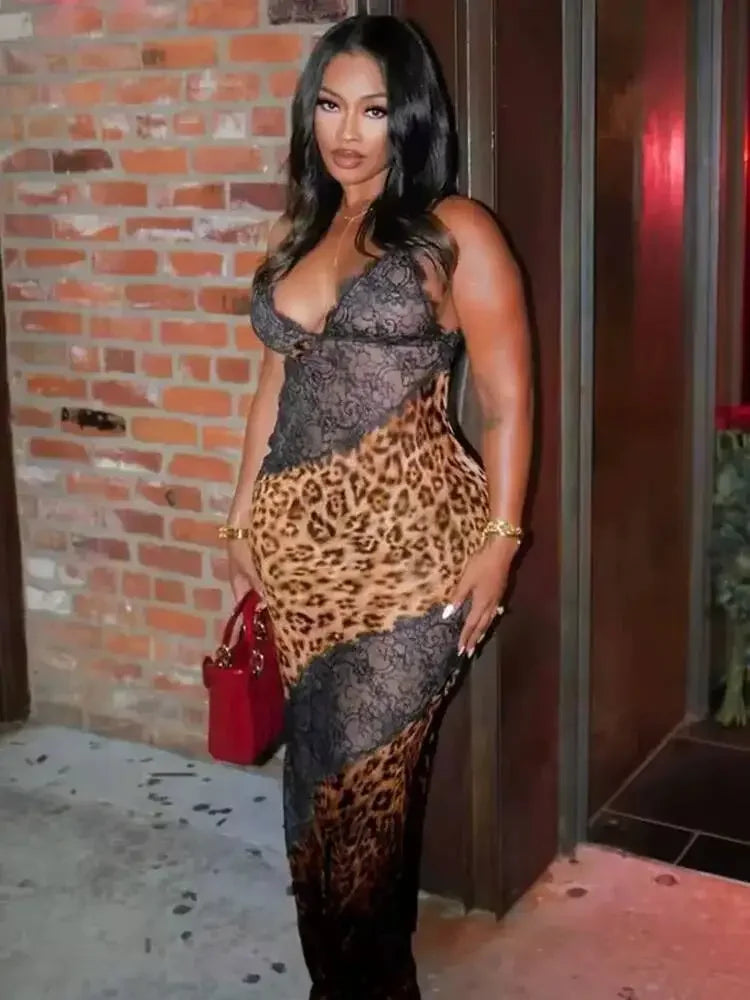 Leopardo impressão cinta de espaguete sexy maxi vestido feminino retalhos ver através sem mangas sem costas praia clube vestido de festa