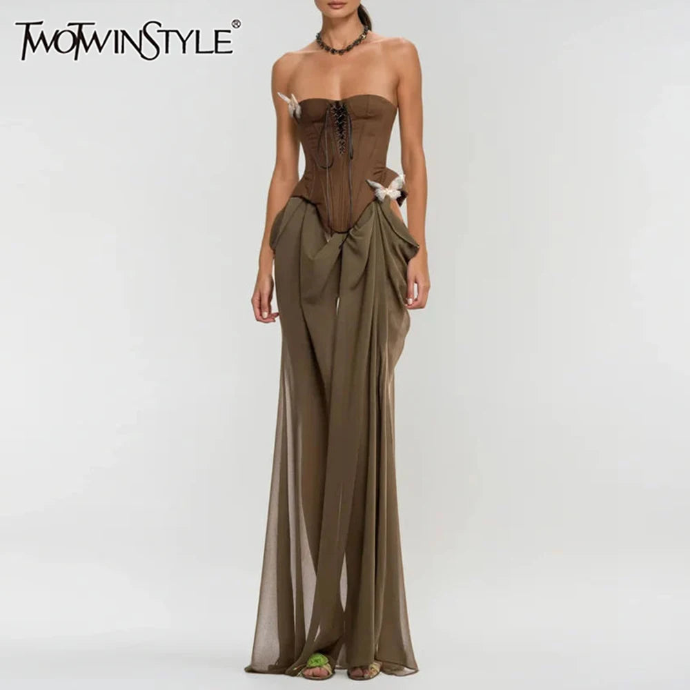 Twotwinstyle colorblock emagrecimento emendado apliques vestidos para mulheres sem alças sem mangas retalhos malha midi vestido feminino novo