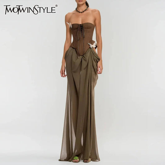 Twotwinstyle colorblock emagrecimento emendado apliques vestidos para mulheres sem alças sem mangas retalhos malha midi vestido feminino novo