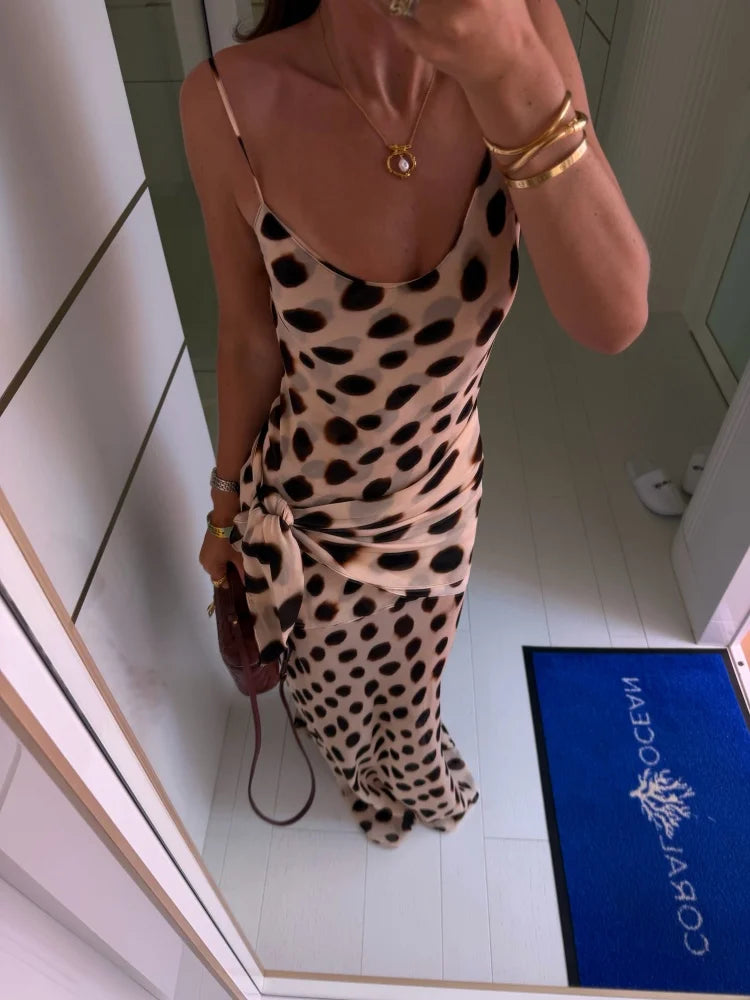 Vestido Maxi Elegante com Estampa Animal, Saia Slim Fit com Alça Fina e Cinto Ajustável, Novo para Festas de Verão e Férias
