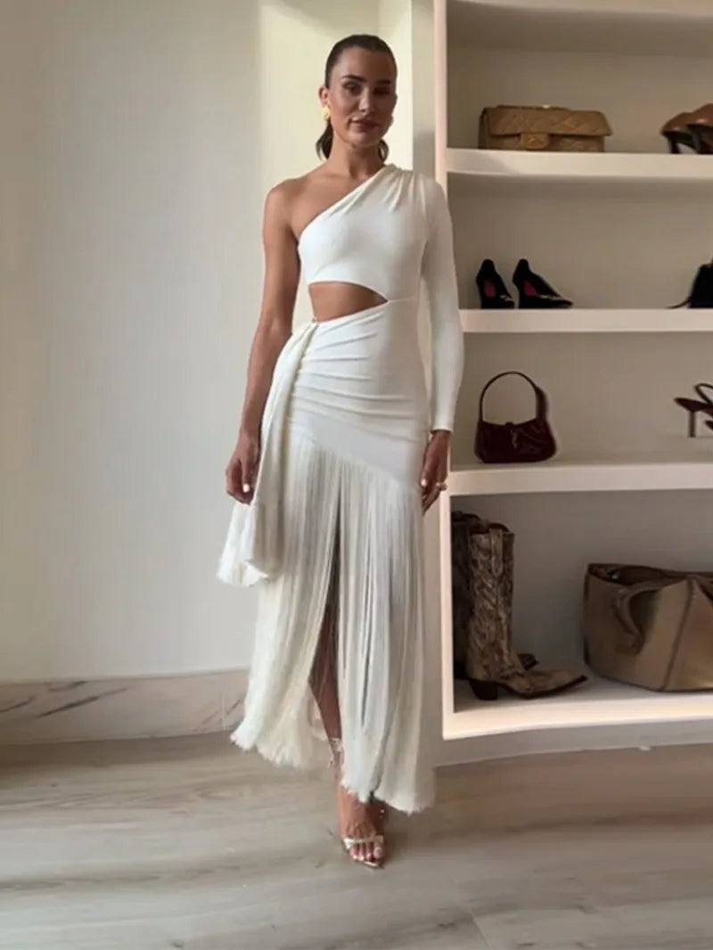 Branco de um ombro manga borla vestido longo feminino verão elegante vestidos de festa à noite feminino oco para fora roupas de moda dd36