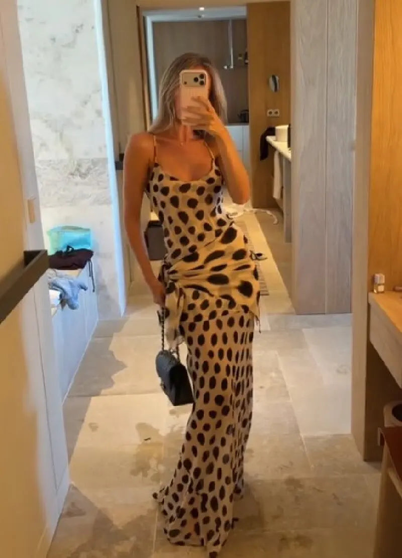 Vestido Maxi Elegante com Estampa Animal, Saia Slim Fit com Alça Fina e Cinto Ajustável, Novo para Festas de Verão e Férias