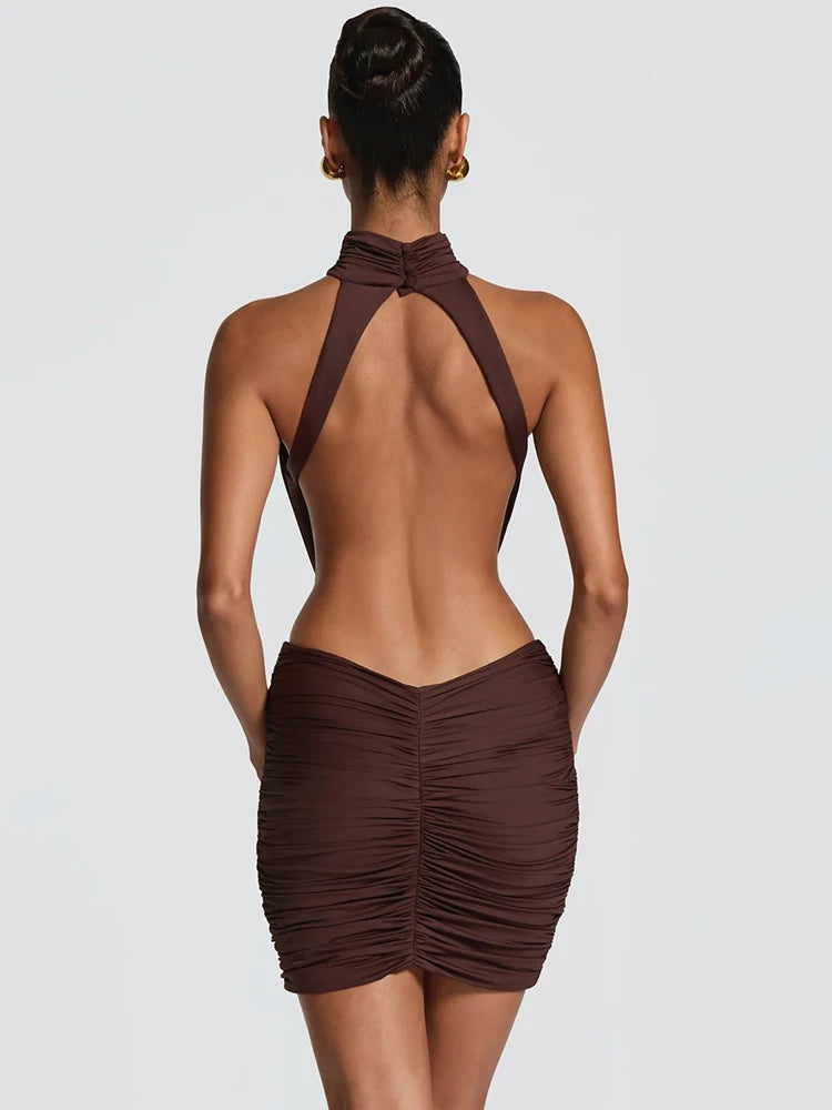 Vestido Mini Sexy Halter de Gola Alta para Mulheres, Elegante, com Cintura Drapeada e Recortes, Vestido Bodycon para Coquetel e Festa