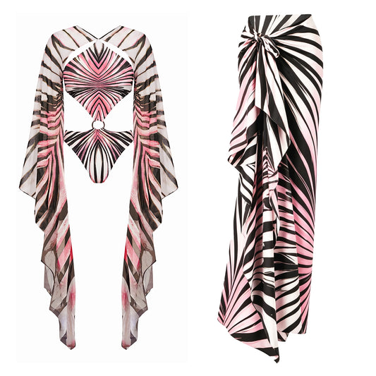 Maiô Estampado com Saia para Mulheres, Roupa de Banho, Monokini, Maiô de Perna Alta, Roupa de Praia
