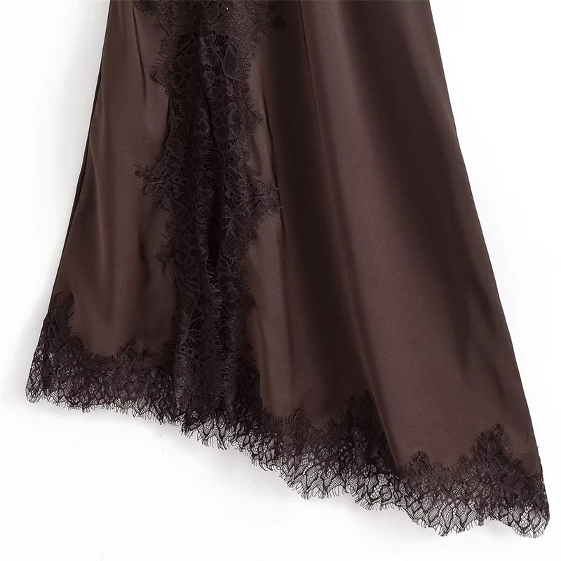 Keyanketian primavera novo estilo de férias feminino camisola renda retalhos vestido irregular fino, saia longa abraçando quadril