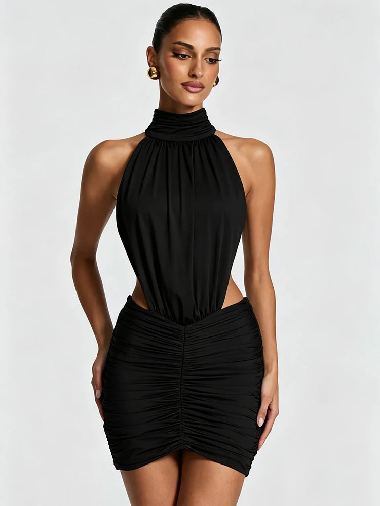 Vestido Mini Sexy Halter de Gola Alta para Mulheres, Elegante, com Cintura Drapeada e Recortes, Vestido Bodycon para Coquetel e Festa