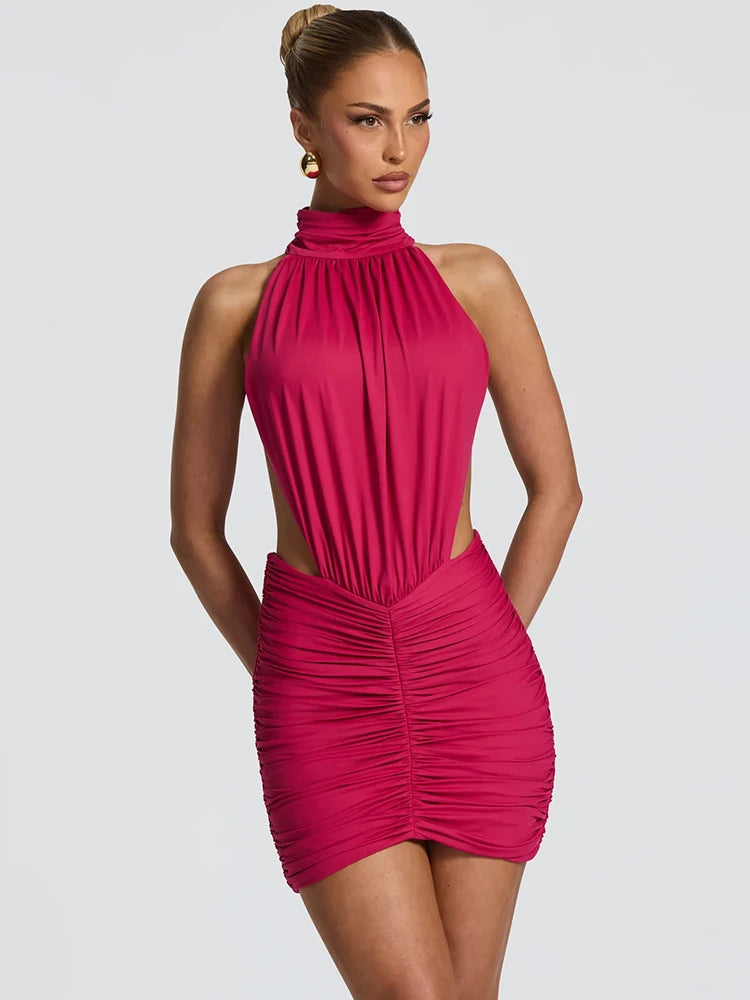 Vestido Mini Sexy Halter de Gola Alta para Mulheres, Elegante, com Cintura Drapeada e Recortes, Vestido Bodycon para Coquetel e Festa