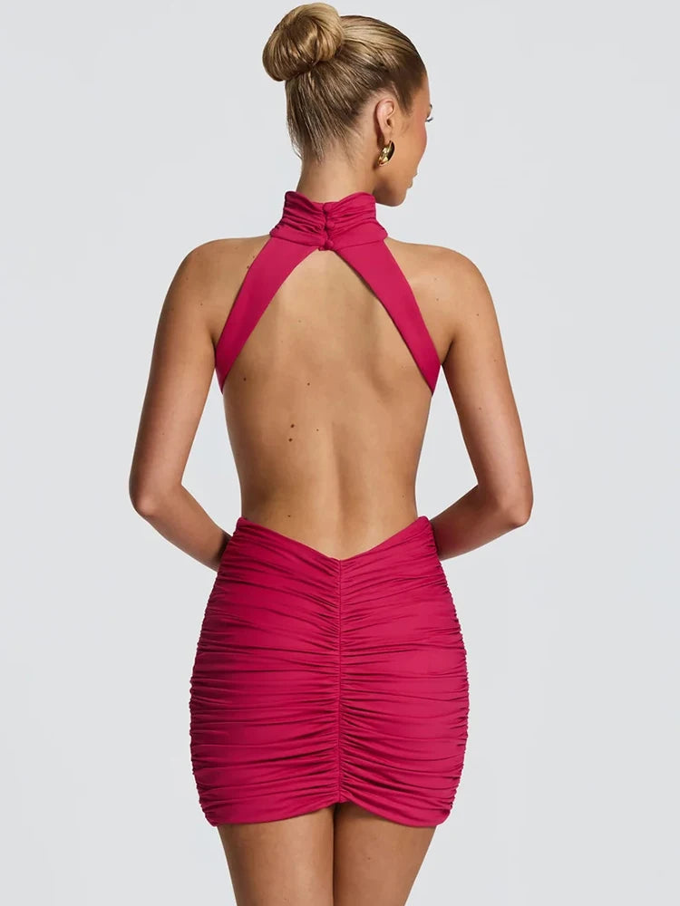 Vestido Mini Sexy Halter de Gola Alta para Mulheres, Elegante, com Cintura Drapeada e Recortes, Vestido Bodycon para Coquetel e Festa