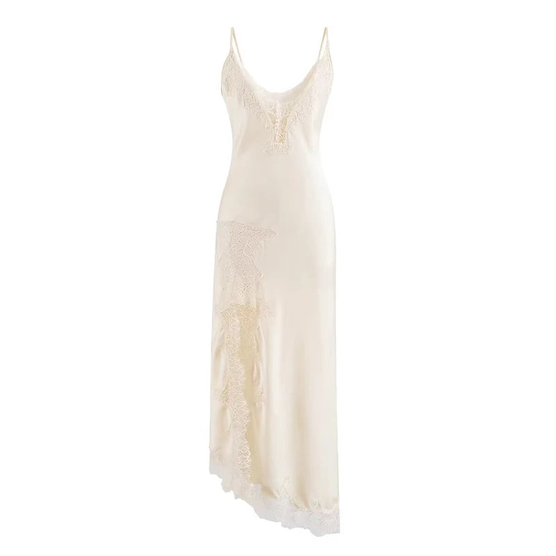 Keyanketian primavera novo estilo de férias feminino camisola renda retalhos vestido irregular fino, saia longa abraçando quadril