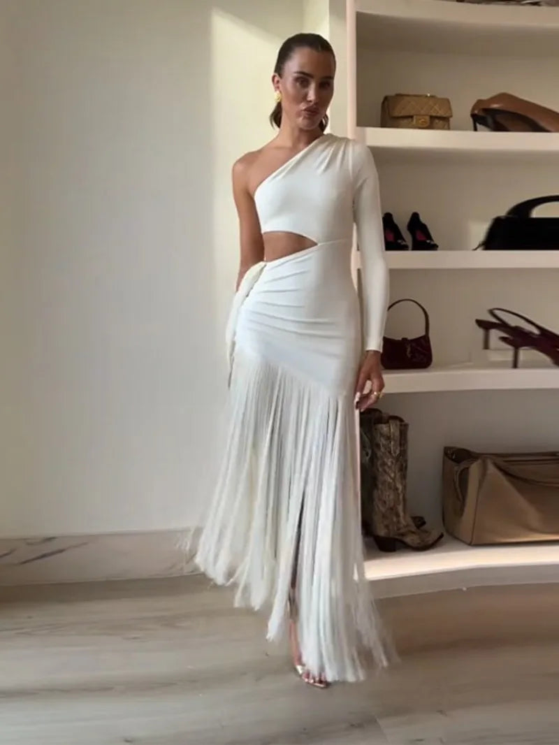 Branco de um ombro manga borla vestido longo feminino verão elegante vestidos de festa à noite feminino oco para fora roupas de moda dd36