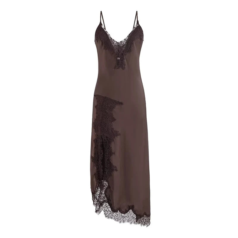 Keyanketian primavera novo estilo de férias feminino camisola renda retalhos vestido irregular fino, saia longa abraçando quadril