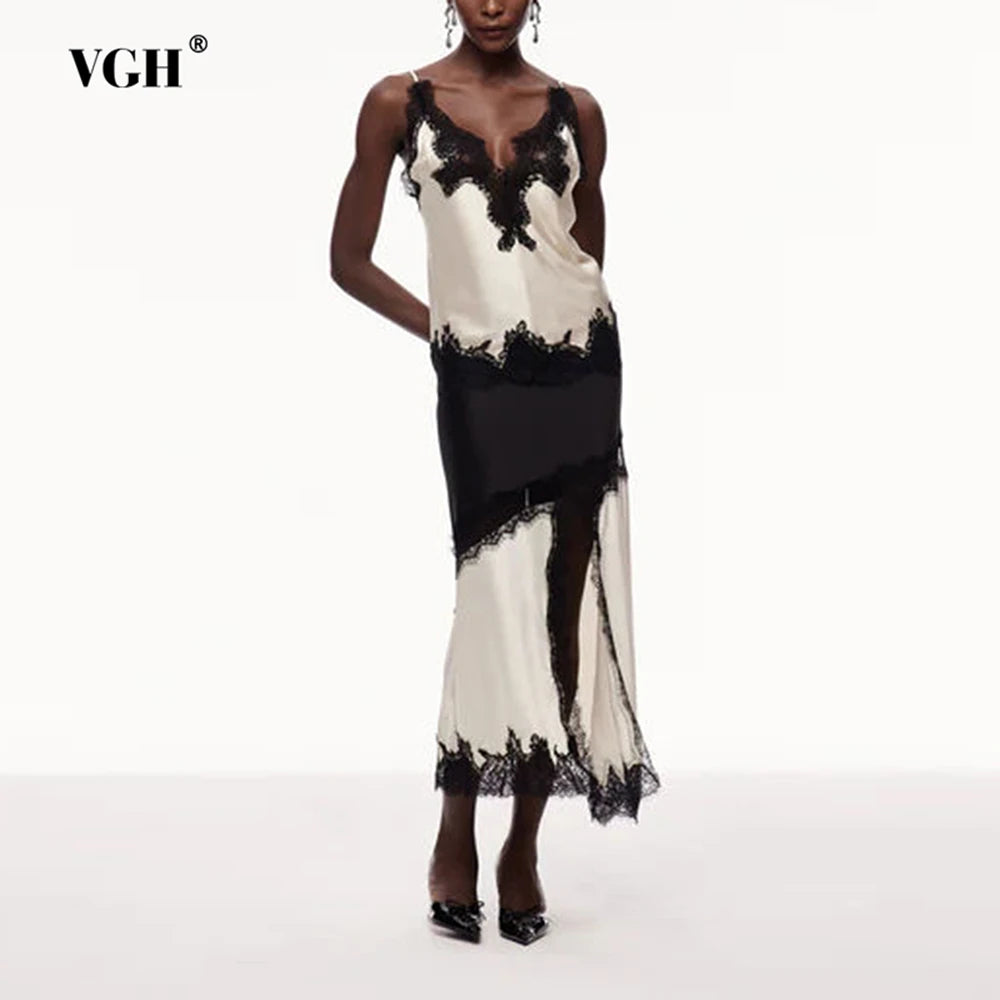 Vgh emagrecimento hit cor sexy conjuntos de duas peças para mulheres gola quadrada sem mangas superior cintura alta saia longa elegante conjunto de renda feminino