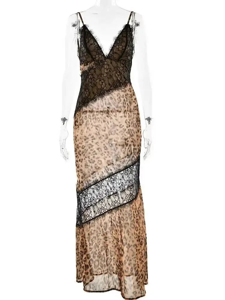 Leopardo impressão cinta de espaguete sexy maxi vestido feminino retalhos ver através sem mangas sem costas praia clube vestido de festa