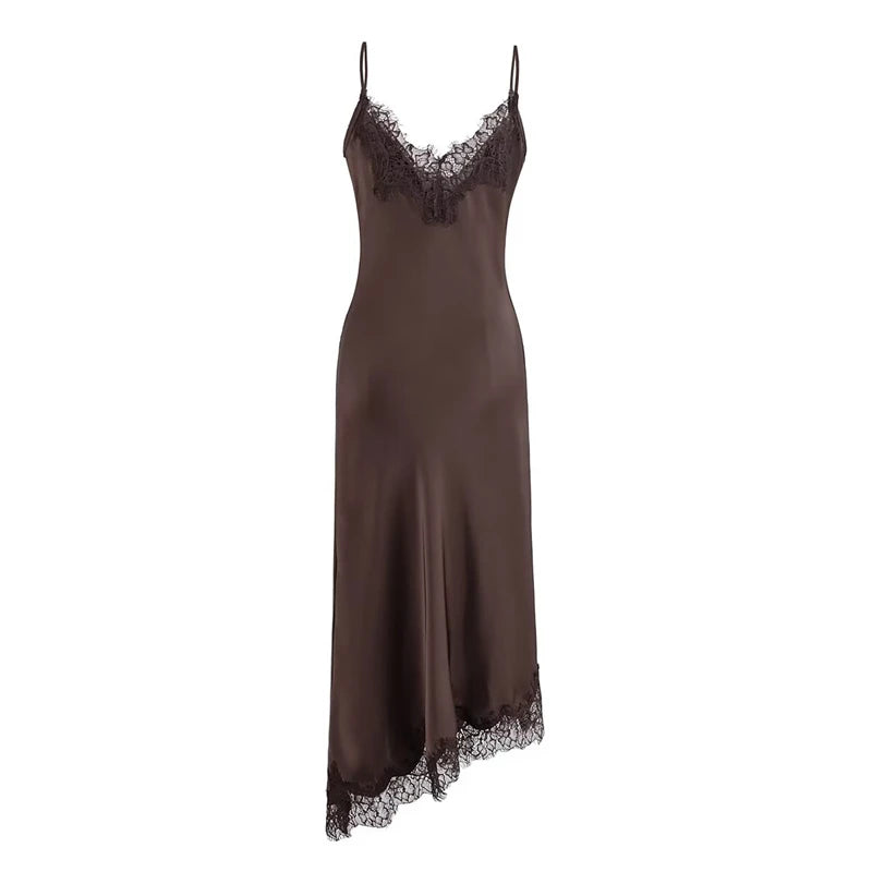 Keyanketian primavera novo estilo de férias feminino camisola renda retalhos vestido irregular fino, saia longa abraçando quadril